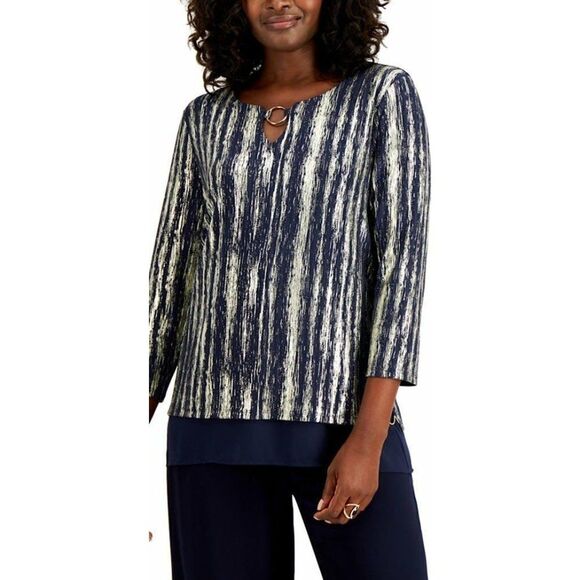 JM‎ Collection Blouse Top Medium Blue Gold Women's Metallic Sparkle NEW - Picture 8 of 8